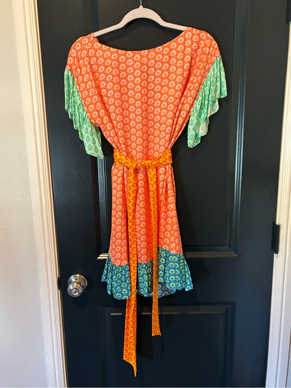 Alice + Olivia Women's Orange Floral Belted Dress with Green and Blue Accents